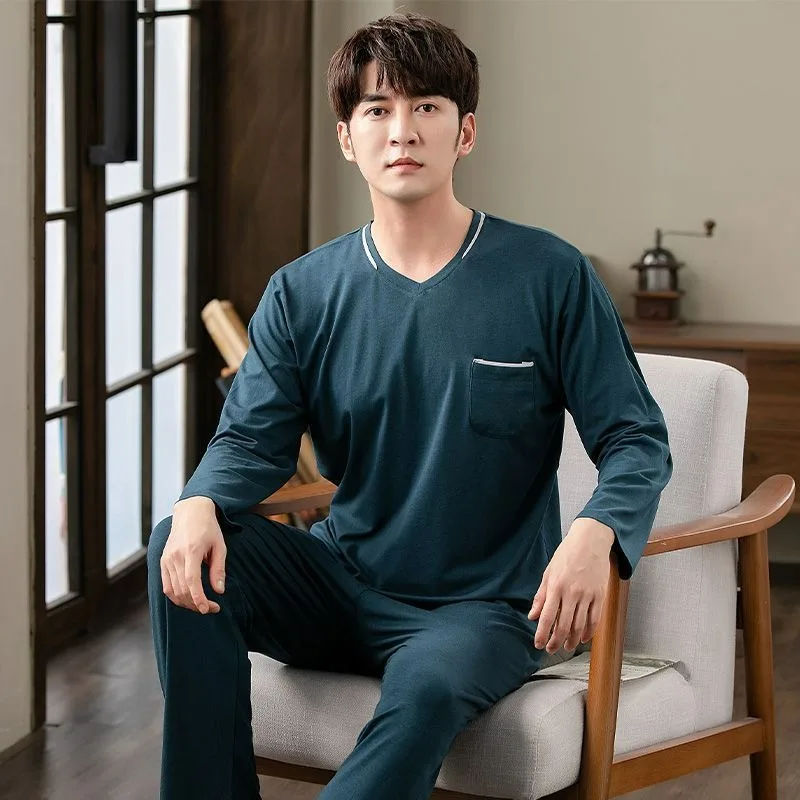 New Pajamas Men Spring and Autumn Cotton Long-sleeved Young Men Spring and Summer Thin Casual Plus Size Relaxation Cozy Pajamas