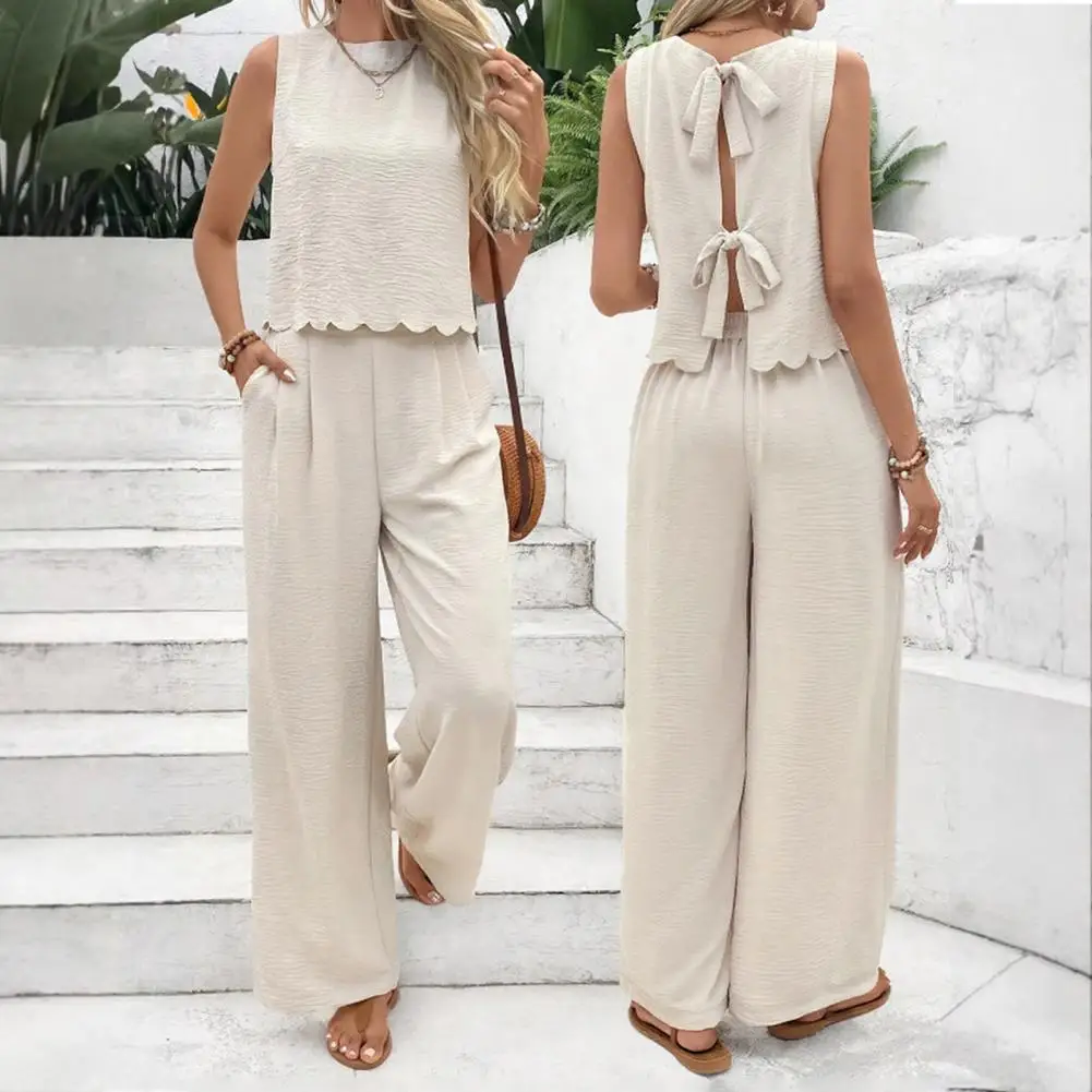 2026 Fashion Sleeveless Vest Long Pants Set Women 2 Piece Outfits Sleeveless Tie Back Top Wide Leg Pants Sets Matching Sets