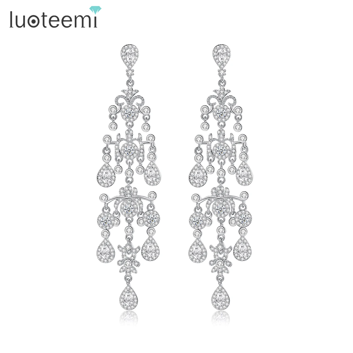 

LUOTEEMI Luxury Cubic Zirconia Chandelier Earrings for Women Crystal Long Tassel Wedding Bridal Dangle Engagement Accessories