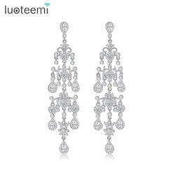 LUOTEEMI Luxury Cubic Zirconia Chandelier Earrings for Women Crystal Long Tassel Wedding Bridal Dangle Engagement Accessories