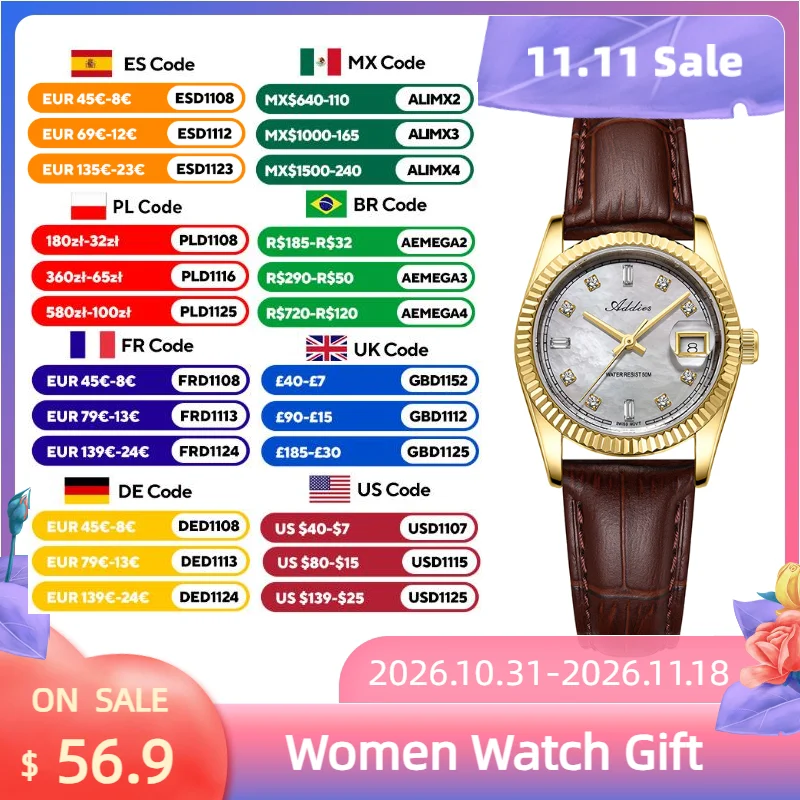 ADDIES New Luxury Women's Watch Sapphire Glass 585 Quartz Movement 50m Waterproof Sport Casual Leather Woman Wristwatch AW25905