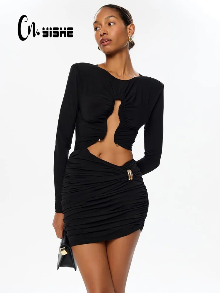 

CNYISHE O Neck Hip Wrap Women Dresses Long Sleeve Hollow Out Fashion Sexy Club Skinny Solid Hip Wrap Bodycon Female Elegant