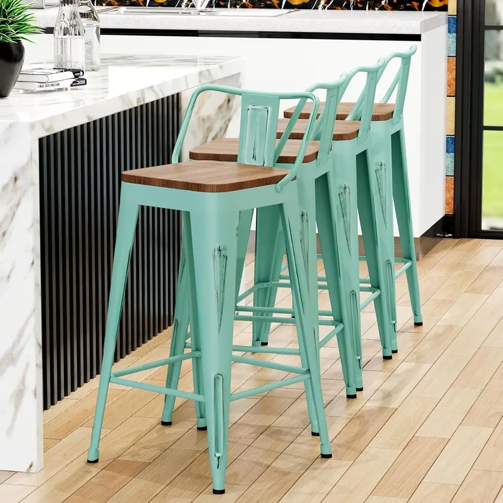 30" Metal Bar Stools Set o 4 Counter Height Barstools Industrial Counter Stool Kitchen Bar Chairs ern Wood Seat-Distred Blue - view 3