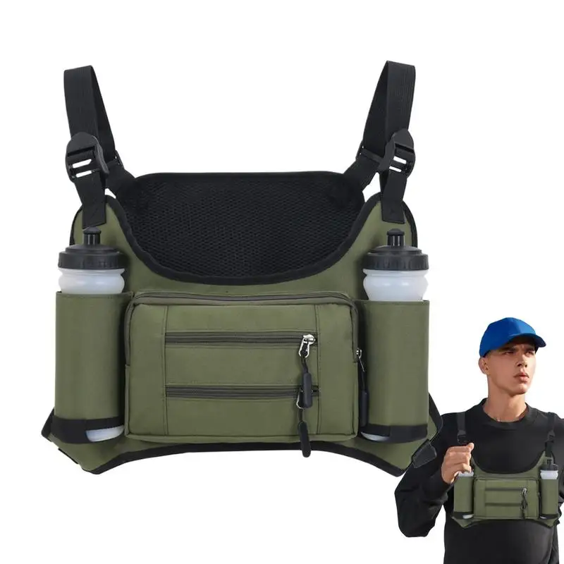 Outdoor Chest Vest For Men Multi Pocket Storage Pouch Vest Bag Chest Pack Running Workout Pack With Water Bottle Pouch For Sport