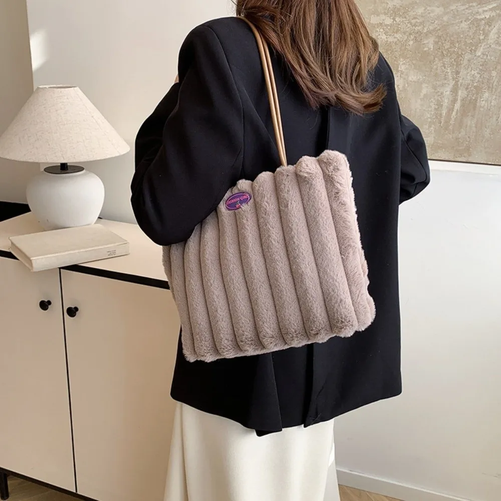 

Casual Stripe Furry Tote Bag Large Capacity Soft Shoulder Bag Portable Solid Color Commuting Handbag Students