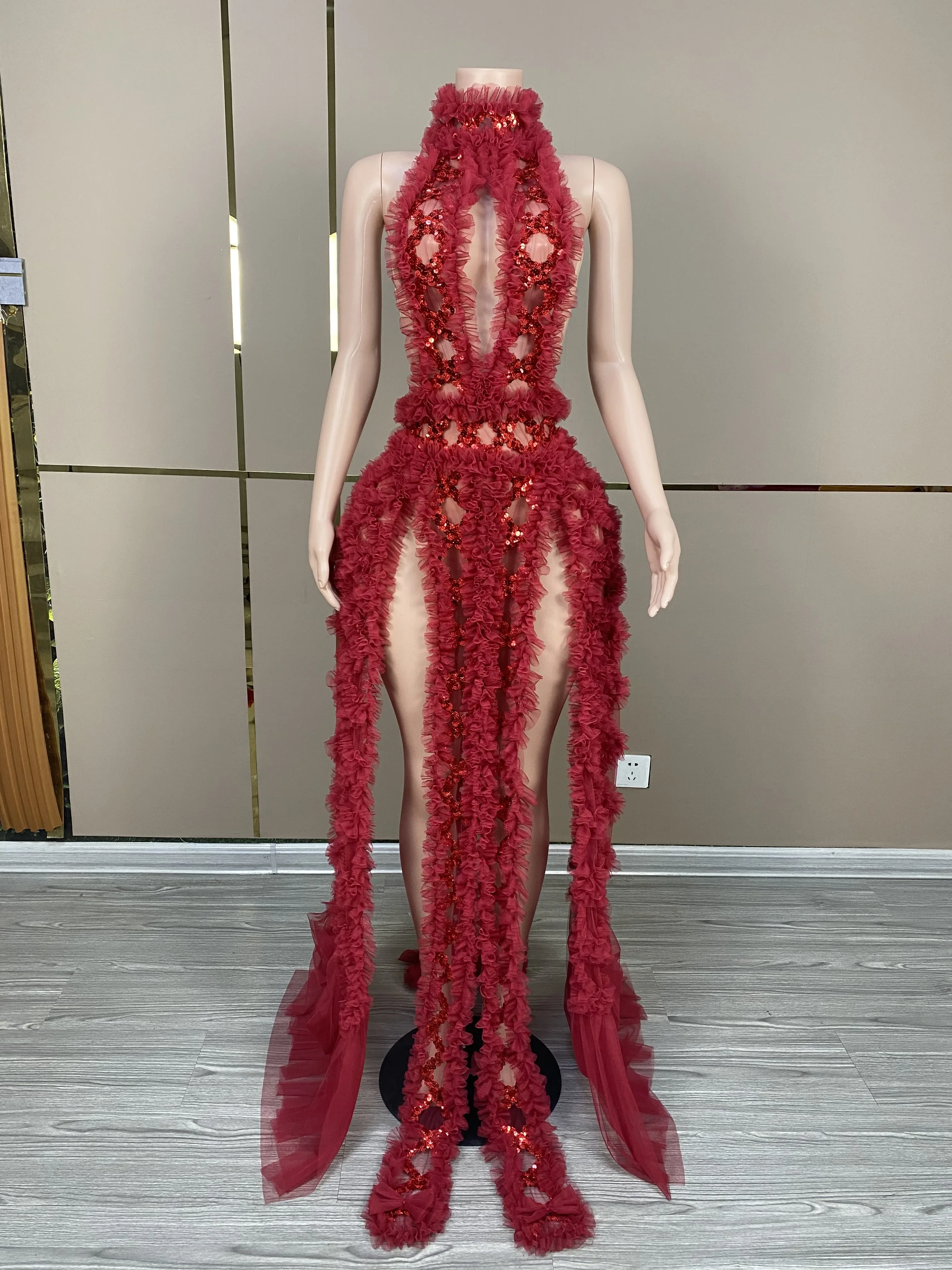 Vestido de malla transparente con Espalda descubierta, negro y rojo traje Sexy, colecciones para fiesta de cumpleaños