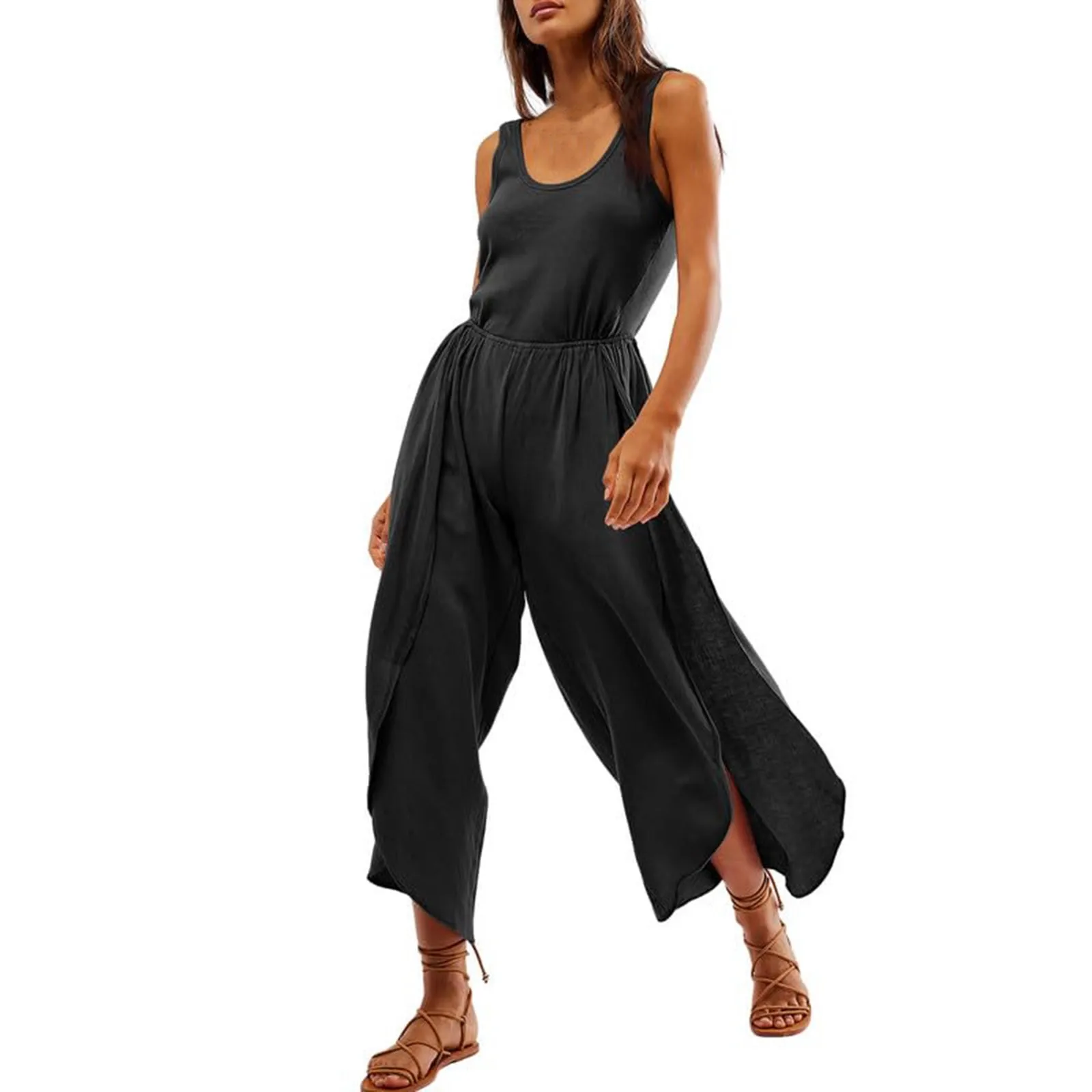 Summer Casual Jumpsuits Fashion Solid Color Comfy Soft Tanks Jumpsuits Waist Loose Wide Leg Pants Leisure Vacation Jumpsuits