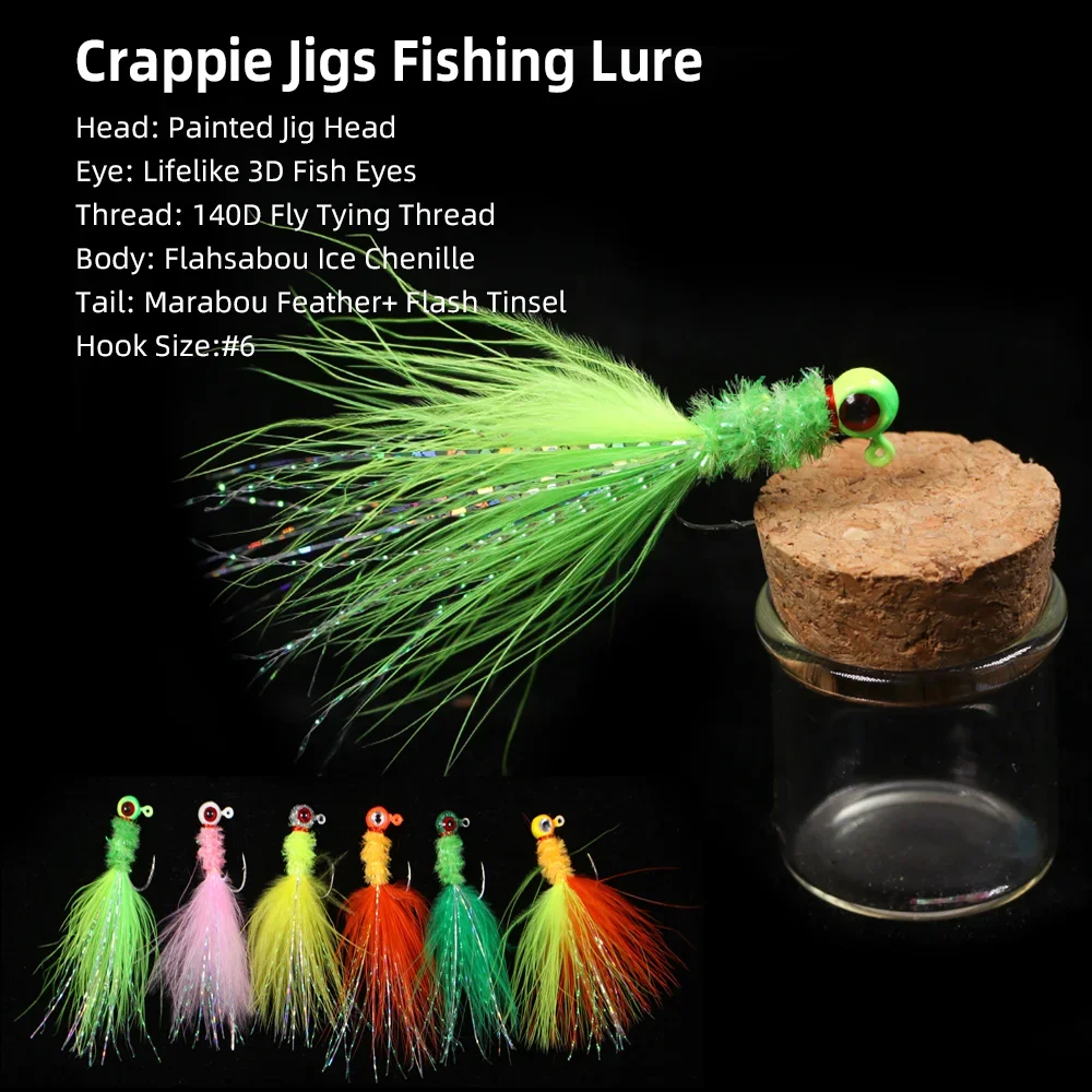 Wifreo 6pcs Marabou Feather Jig Head Hook Crappie Jigs Fishing Lure Ice Fishing Crappie Walleye Perch Trout Bass Fishing Lure