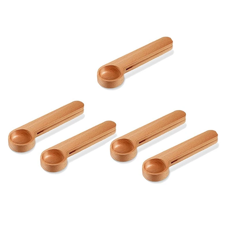 

5 Pcs Wooden Coffee Scoop and Bag Clip Measure Spoon 2-In-1 Bags Sealer Measuring Spoon for Beans Espresso Coffee Tea