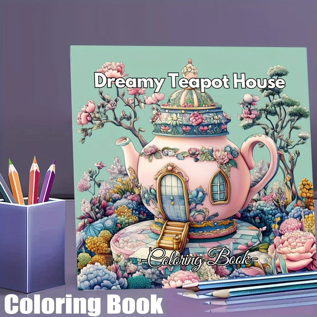 28 Pages Dreamy Teapot House Coloring Book for Adult, Birthday Party Gift, Drawing Supplies, Christmas, Thanksgiving, Halloween