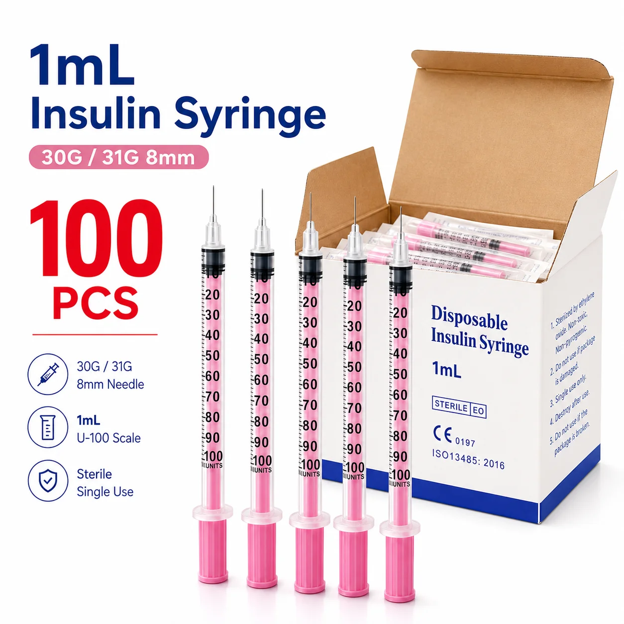 100Pcs/Box 1ml Pink Insulin Syringes 30G/31G 8mm Disposable Syringe EO Gas Sterilized Individually Blister Packed