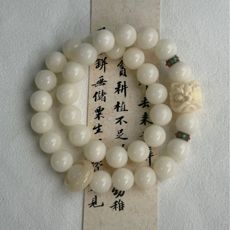 Natural white jade , ivory fruit lion dance bracelet, women's bodhi seed Buddhist prayer beads
