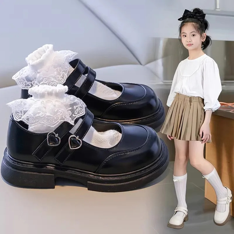 Fashion Girls Leather Shoes Back To School Black Party Wedding Flats for Wedding Party with Heart Buckle Princess Kids Shoes New