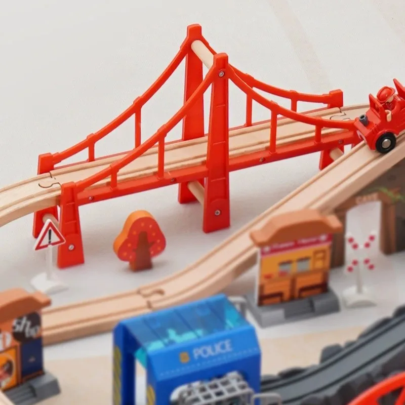 Wooden Train Track Set Airport Police Station Scene Set Compatible with All Brand Wooden Tracks Railway Train Toys for Children