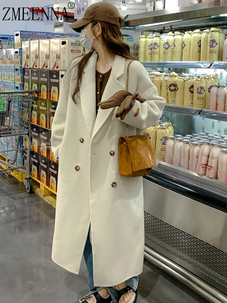 

ZMEENNA женское двубортное длинное пальто из смесовой шерсти, элегантное зимнее пальто с зубчатым воротником, теплая и стильная верхняя одежда ZM3457