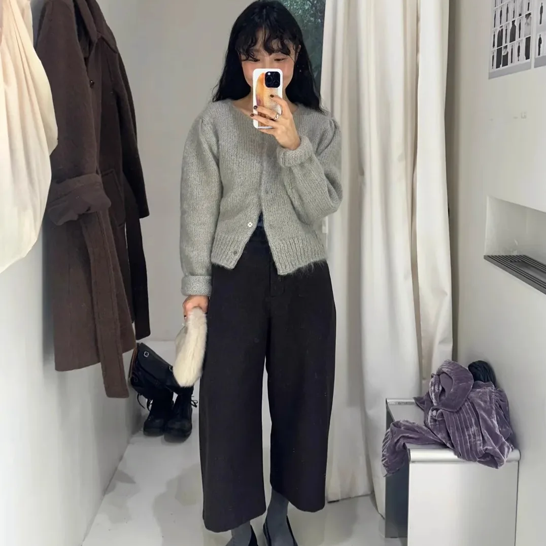 Faionable Otoño Invierno Lana Perna ancha Cuchillo Pantalones de siete pulgadas para mujer Cintura alta Cierre de cremallera Coreano Sle Casual...