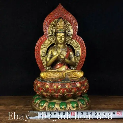 11.4" Tibetan Buddhism Old bronze 24k gilt xuande Cloisonne Mahavairocana Statue