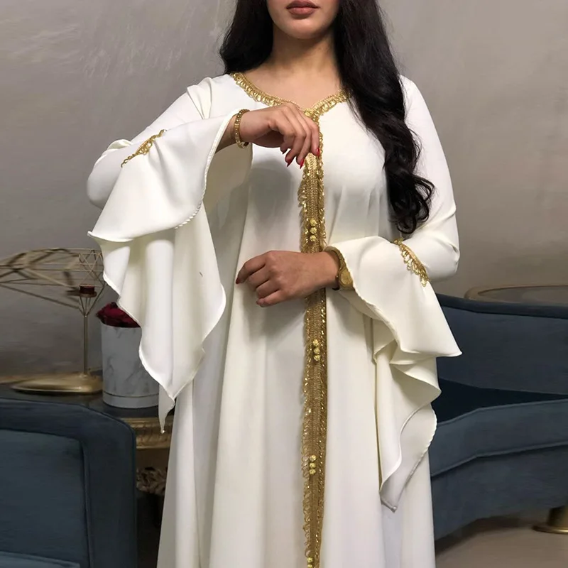 Muslim Women Abaya Ruffle Sleeves Embroidered Gold Lace Dress Jalabiya Dubai Robe Plus Size Moroccan Kaftan Arabic Dresses 2022