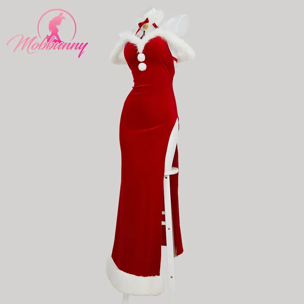 

2025 new Women Red Christmas Cosplay Costume Women Lingerie Dress Plush High Split Backless Long Dress with Hat Gloves