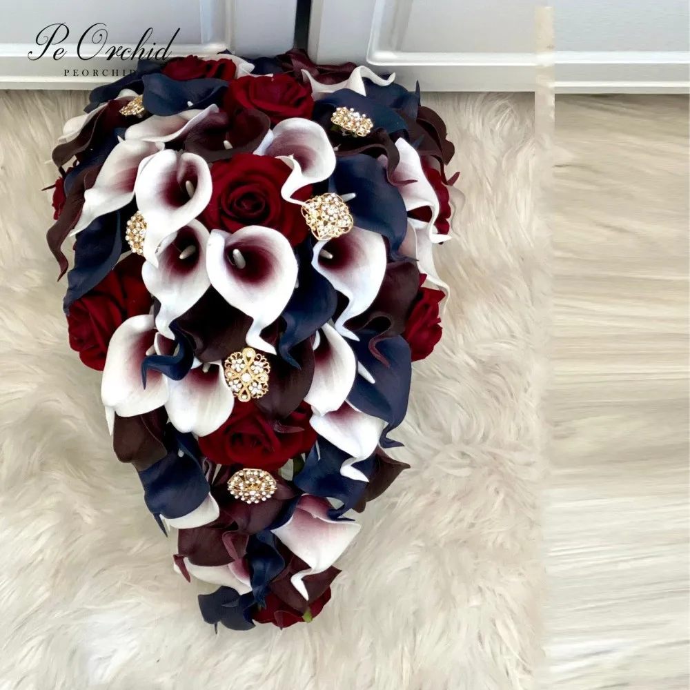 

PEORCHID Navy Blue Burgundy Cascade Bridal Bouquet Roses Calla Lily Bride Hand Flower Gold Brooch Wedding Waterfall Bouquet