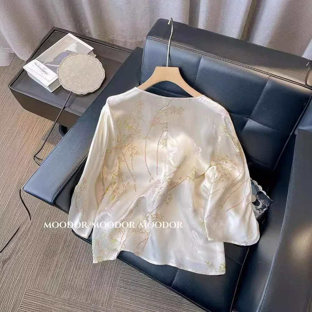 جديد النمط الصيني الخيزران المطبوعة فضفاضة قصيرة الأكمام جولة الرقبة قميص المرأة الصيف خمر بلوزة الشباب