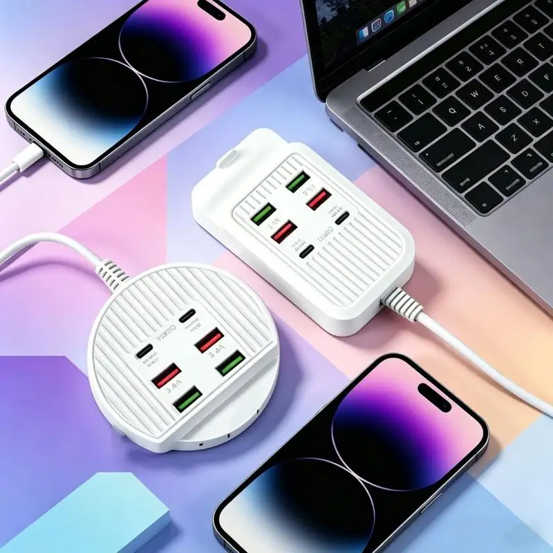 6 In 1 Multi Port USB/Type-C Charging Station Desktop Power Strip Fast Charging Adapter Plug Travel Charging Socket