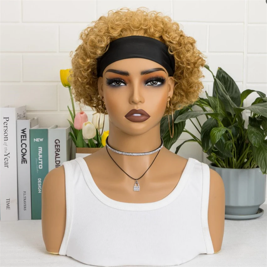 6 Inch #27 Kinky Curly Human Hair Headband Wig for Women, Machine Made, 150% Density Headband Wig