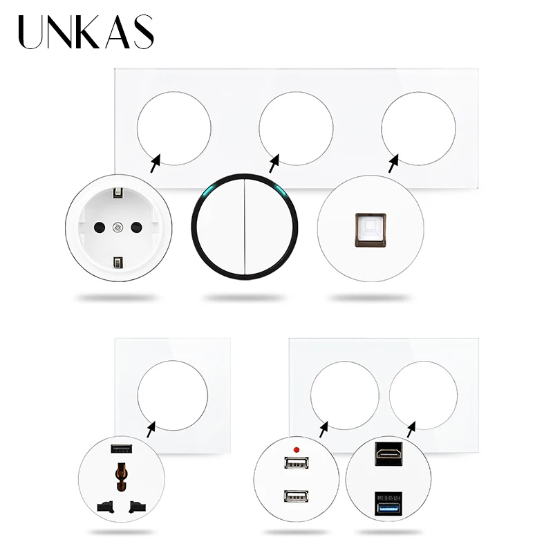 UNKAS A8 White Glass EU French Socket 1 2 3 Gang 1 Way TV RJ12 Telephone RJ45 Computer USB Universal DIY Free Combination Outlet