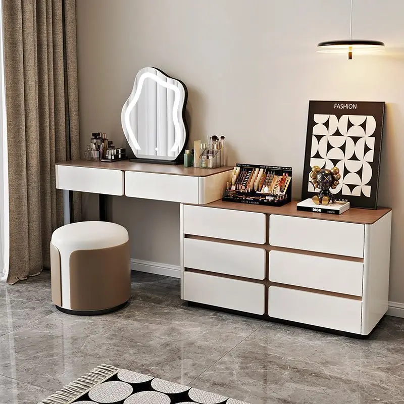 

Modern Black Glass Dressing Table 6 Drawers Storage Mirror Dressers White Luxury Vanitys Para Maquillaje Furniture for Bedroom