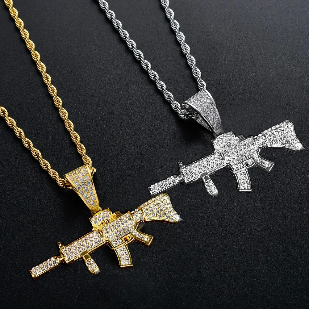 

Fashion HipHop Ak47 Submachine Gun Pendant Necklace For Men Crystal Cuban Chain Iced Out Bling Necklace Punk Rock Biker Jewelry