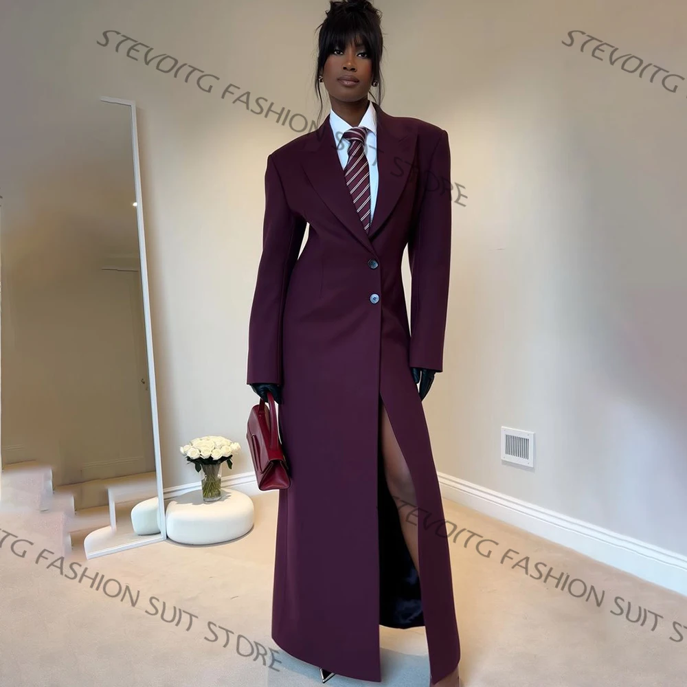 Women's Burgundy Single Breasted Long Blazer Dress Elegant Formal Coat Office Business 1 Piece Suit Slim Fit Formal Outfit