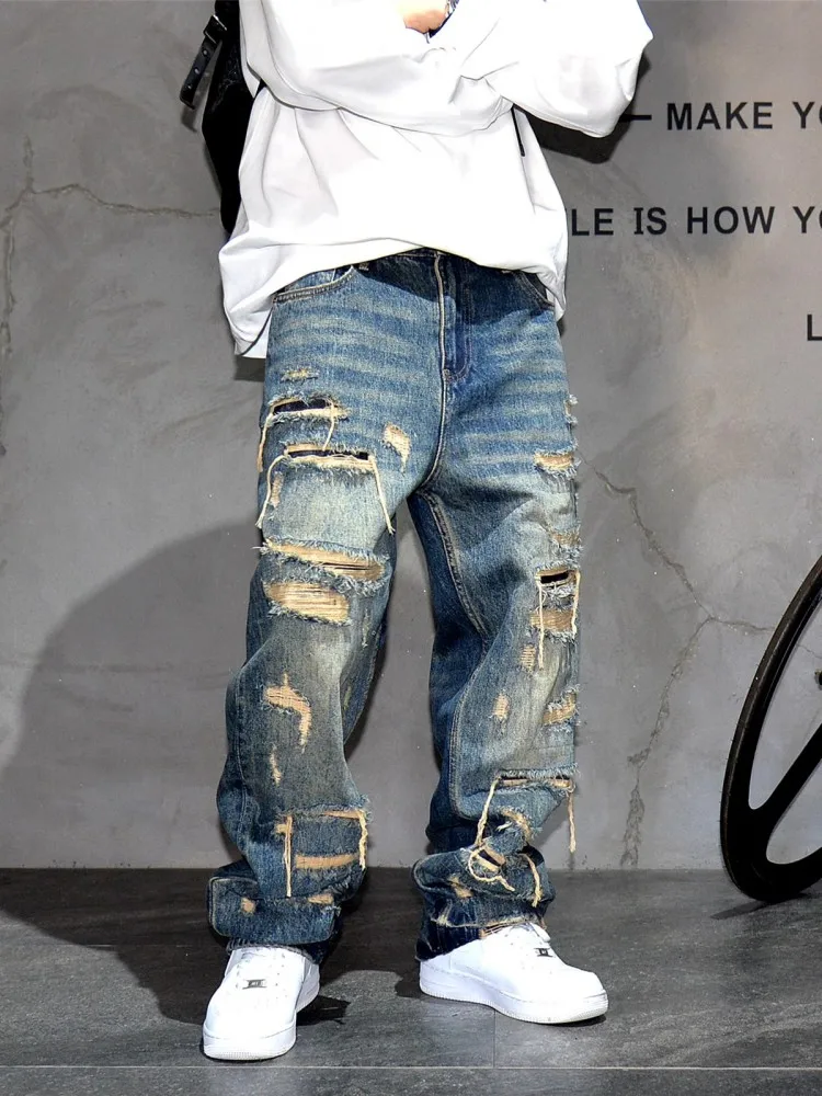 Vintage Personality Hole Ripped Men Jeans Loose Fit Straight Trousers Fashion New Casual High Street Hip Hop Denim Pants Male