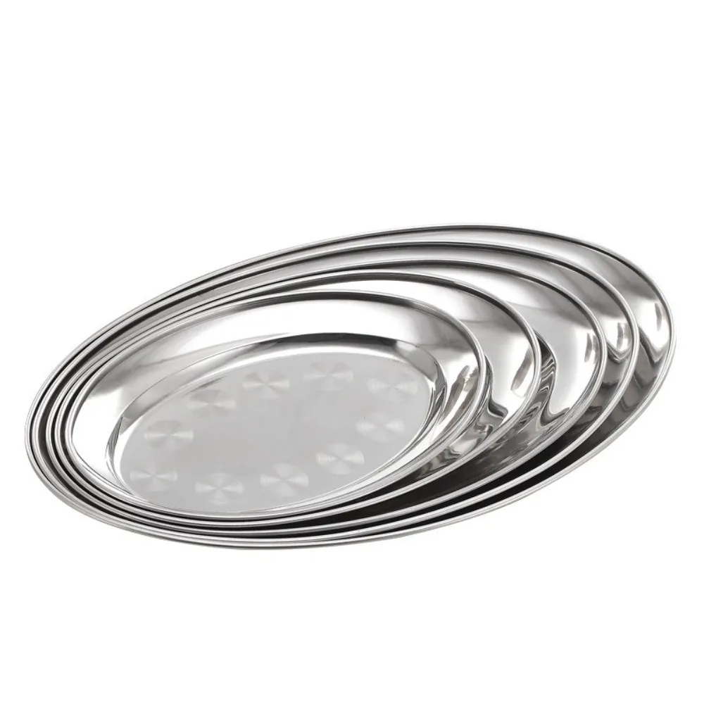 Stainless Steel Oval Fish Plates Shallow Design 22-35cm Diameter Dinner Plates Oval Shape Kitchen Cooking Tray Cold Food Plates