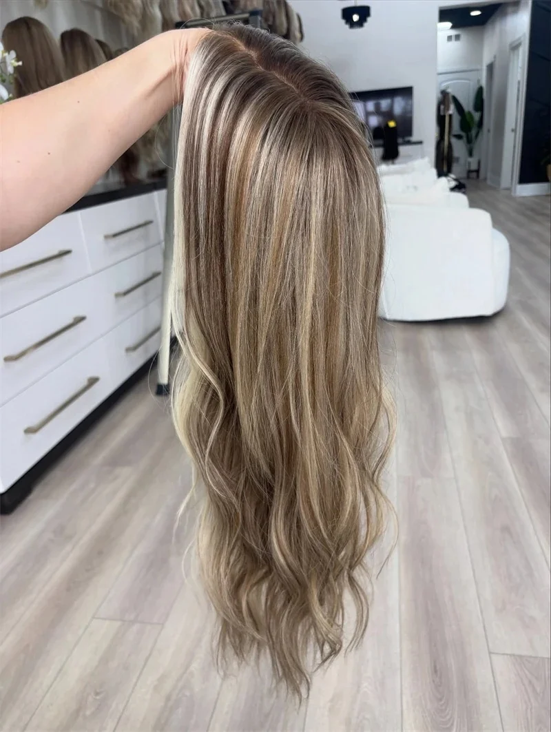 Pelucas delanteras de encaje ondulado para mujer, peluca con parte superior de encaje sintético sin pegamento, color rubio platino, a la moda, para uso diario en fiestas