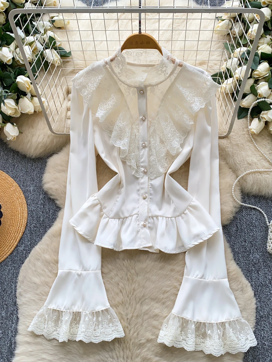 

2026 New Autumn Women Vintage Stand Collar Flare Sleeve Shirt Lace Ruffles Patchwork Single Breasted Solid Color Shirt Tops