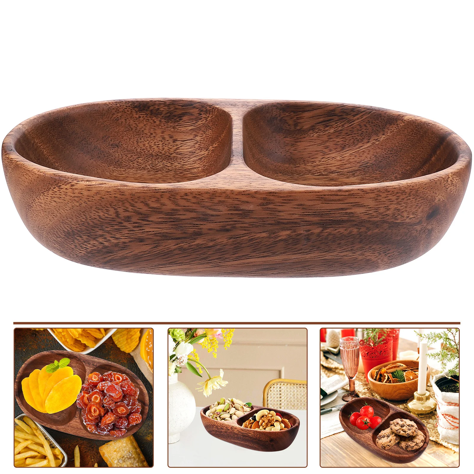 

Double Compartment Wooden Fruit Bowl for Kitchen Snack Storage Appetizer Serving Plate Home Decor Dining