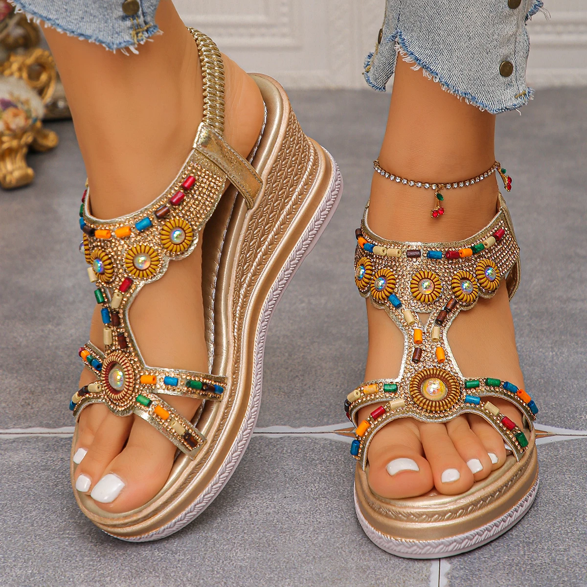 Women's Colorful Beaded Bohemian Wedge Sandals Thick Sole Non Slip Summer Beach Shoes Woman Retro Flower Chunky Platform Sandals view 5