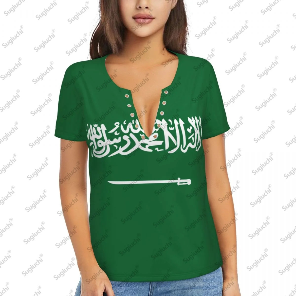 

2025 Saudi Arabia Flag Sexy Deep V Neck Women 3D Short Sleeve Fashion Tees Female Clothing Tops Girl Casual Blouse Tees