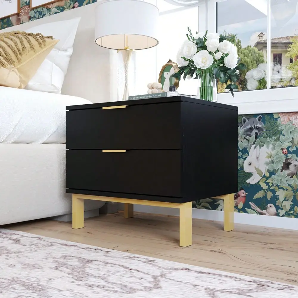 

Tiny Nightstand With 2 Drawers, Modern End Table Bedside Table With Gold Metal Frame Legs