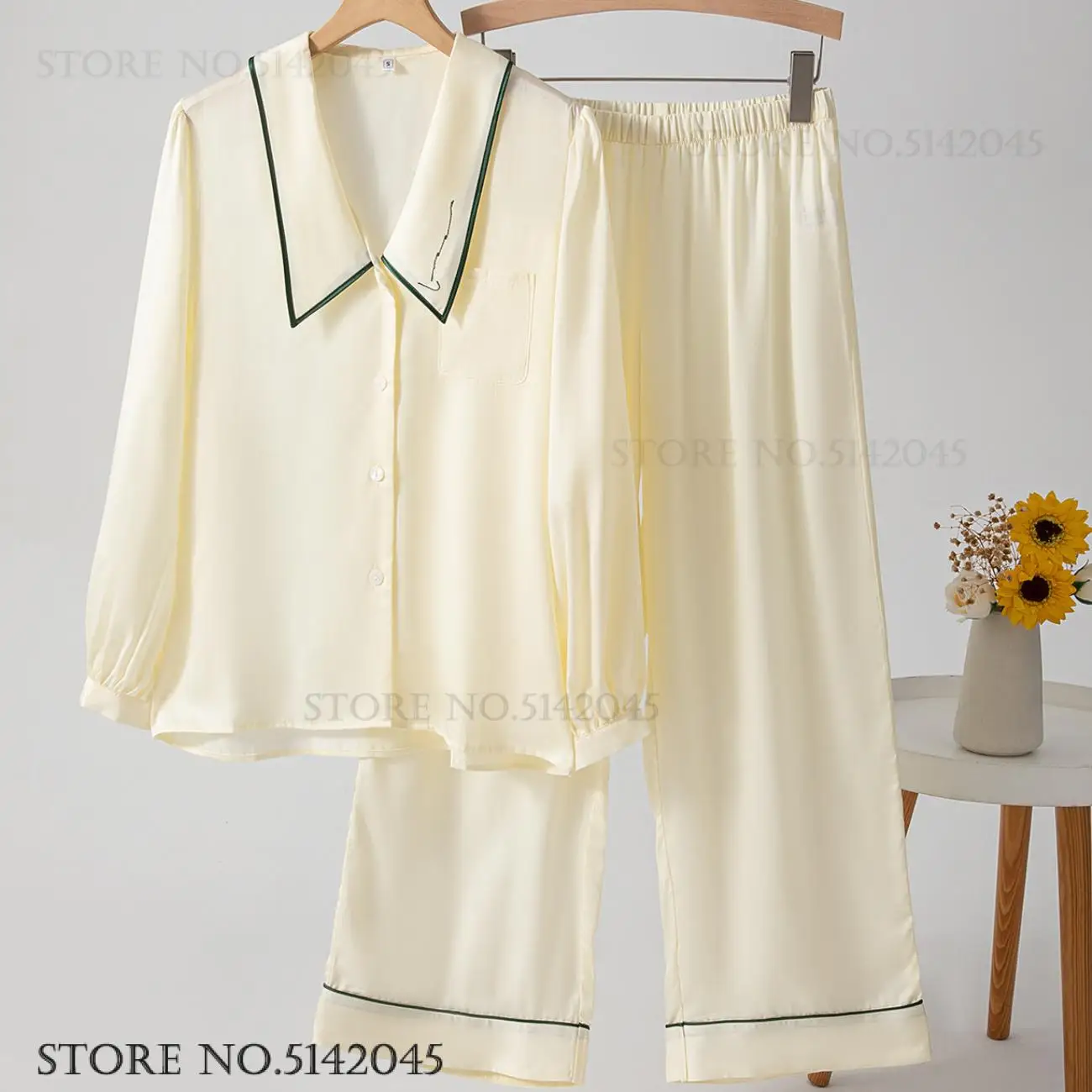 

Spring Autumn Female 2PCS Pajamas Set Homewear Elegant French Style Sleepwear Pijamas Suit Silky Satin Lounge Wear Nightwear