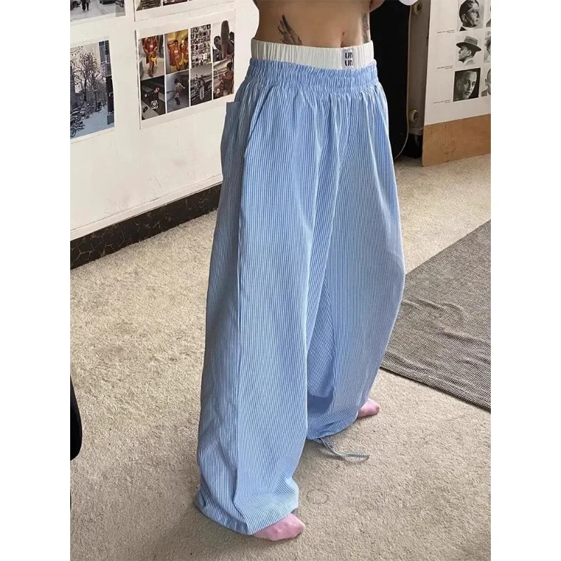 

Deeptown Y2k Vintage Blue Striped Pants Baggy Oversized Casual Korean Fashion Old Money Trousers Woman Wide Leg Harajuku Summer