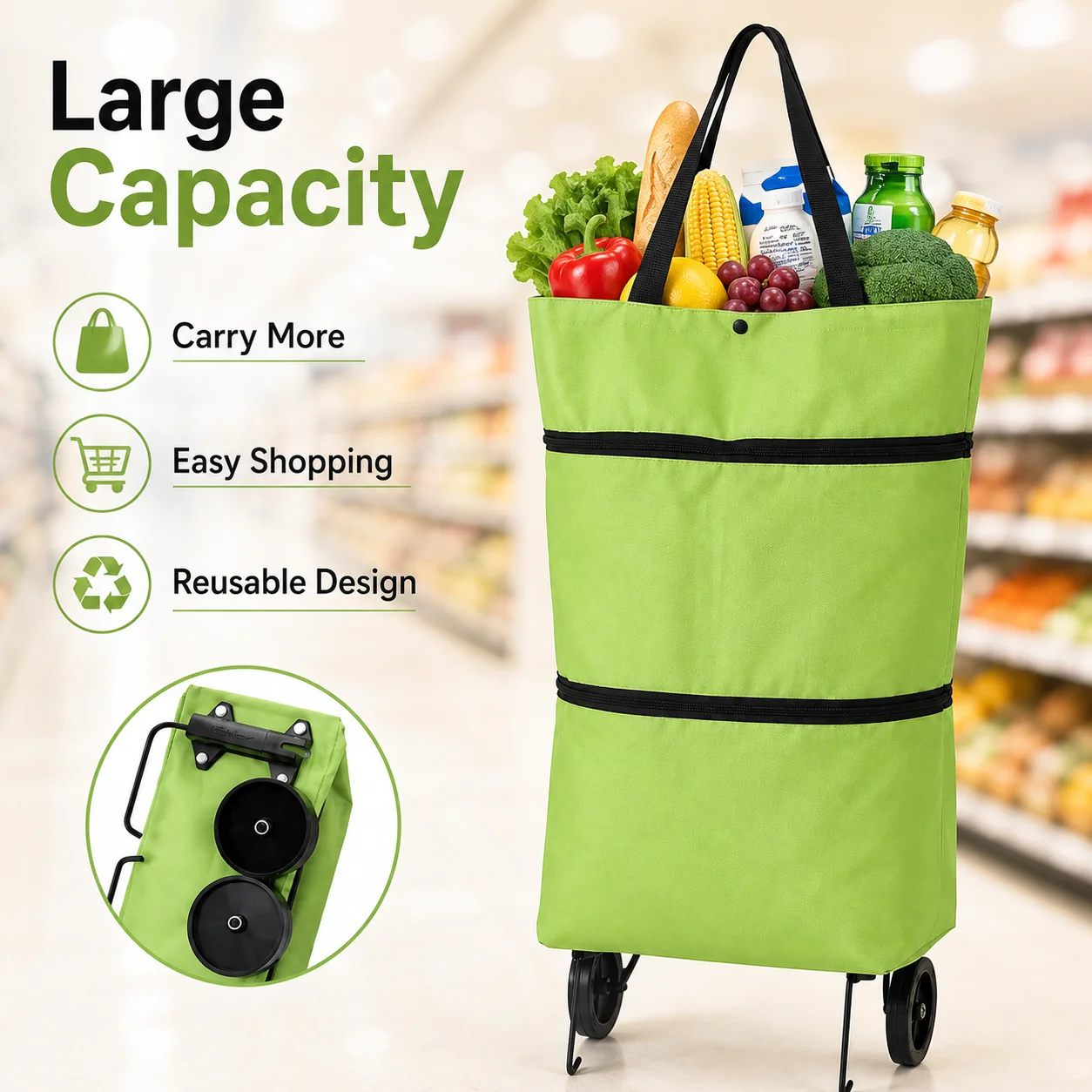 Foldable Rolling Shopping Bag 2-in-1 Reusable Grocery Tote with Wheels Portable Shopping Cart Bag for Travel