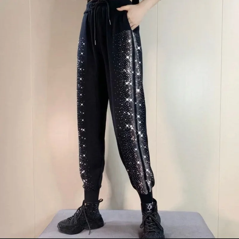 Embroidery Hot Drilling High Waist Casual Pants for Women Baggy Harem Pants 2022 New Knitted Elastic Waist Ankle-Length Pants