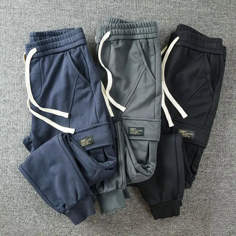 Thick Style Street Casual Men\'s Drawstring Cargo Pants Multiple Pockets New Classic Stickers Handsome Tide All-match Trousers