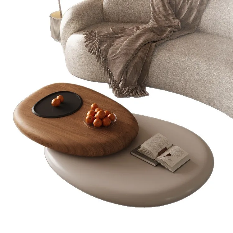 Small apartment creative pebble special-shaped coffee table cream walnut solid wood rotating French small table