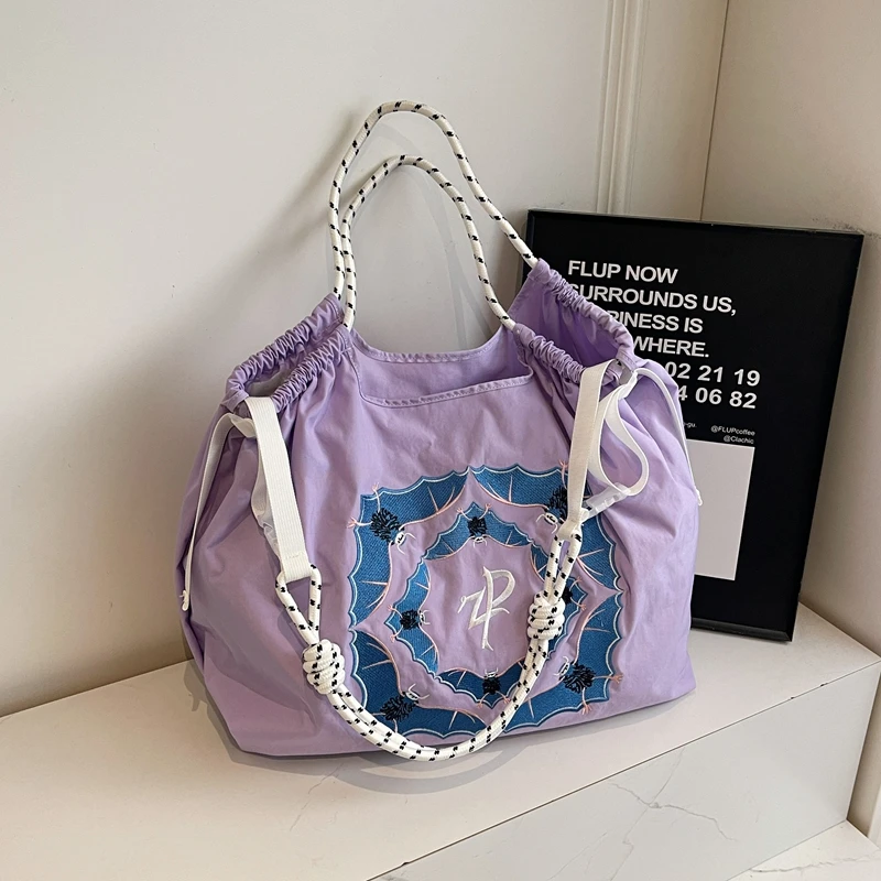 

New Solid Color Nylon Hasp String Shoulder Bags High Quality Elegant Crossbody Bags Embroidery Lazy Wind High-capacity Tote Bag