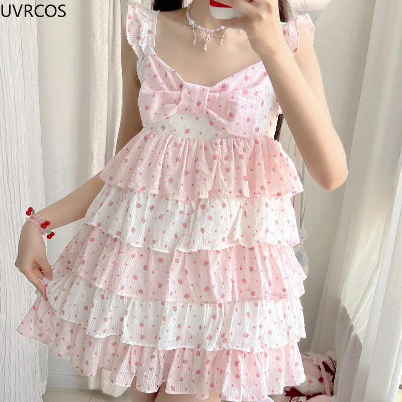 Abito stile dolce Lolita giapponese da donna con fiocco carino rosa stampa fragola senza maniche abiti da torta ragazze Kawaii Y2k mini abito da festa