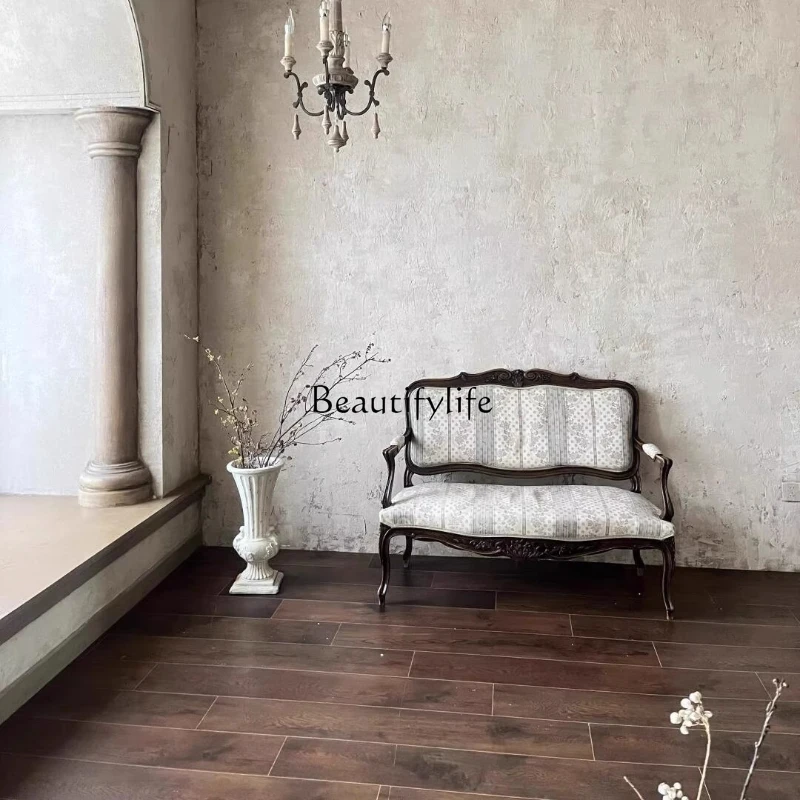 

French solid wood double sofa American retro old carved double leisure chair