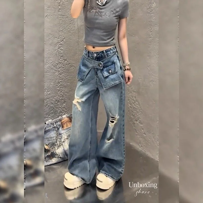 

Fake Ripped Wide Leg Jeans For Women in Autumn Front Fart Curtain Design High Waist Narrow Version Straight Leg Pants Flesh