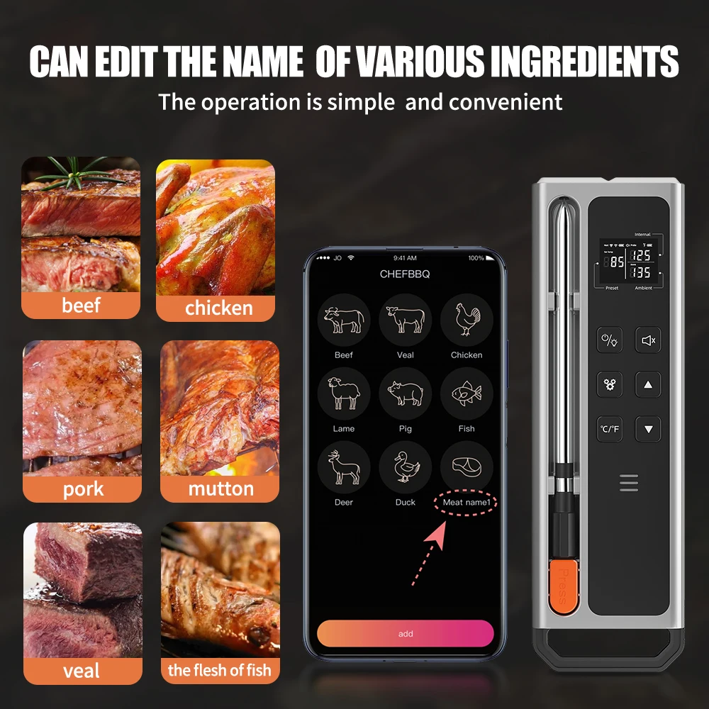 Wireless Meat Thermometer Digital Rechargeable Bluetooth Probe Thermometer with With LCD Screen & APP for BBQ, Oven, Grill